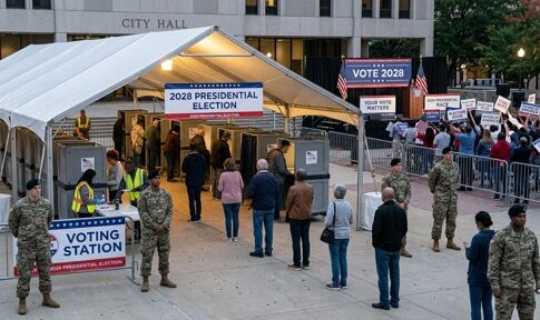 People at a voting station for the 2028 presidential election outside city hall